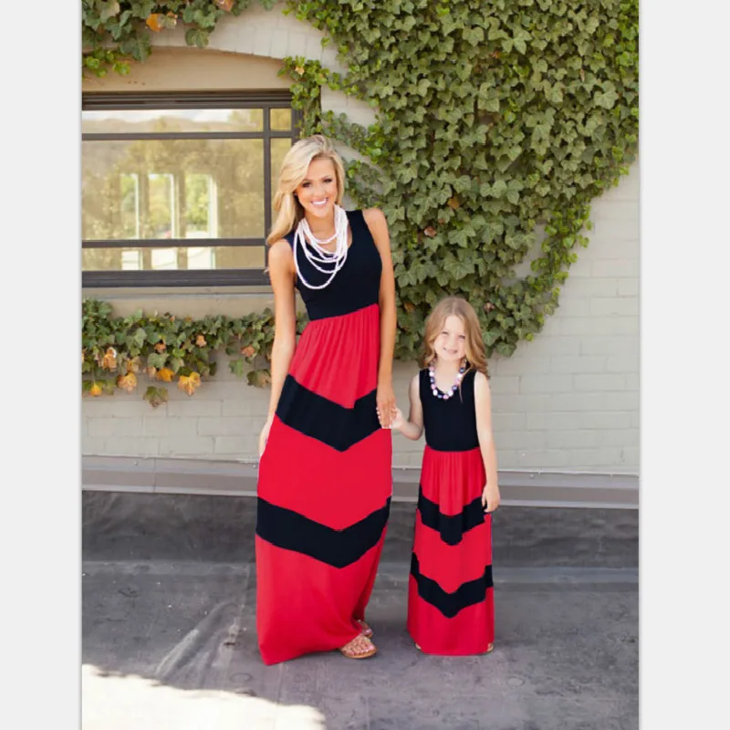 

Mother and Daughter Sets Baby Girl European and American Big Stripe Dress Mommy Kids Children Clothes Family Matching Outfits