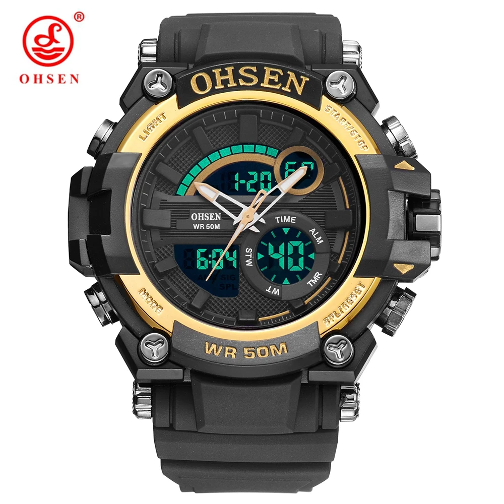 

New Luxury Gold OHSEN Digital Quartz Men Waterproof Sport Wristwatch Big Dial Multi Function Rubber Gift Watch relogio masculino