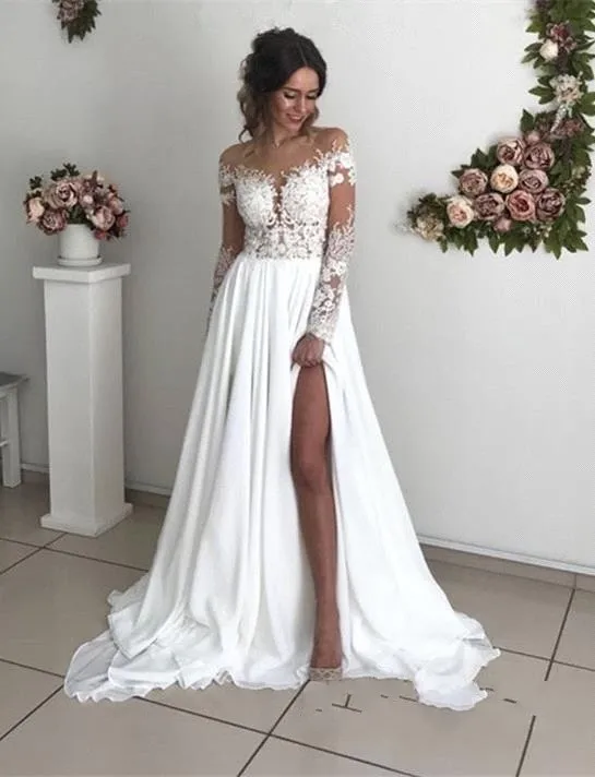 Robe De Mariage, длинные рукава, кружева, бохо, свадебные платья,, круглый вырез, открытая спина, Пляжное богемное шифоновое платье невесты, свадебные платья