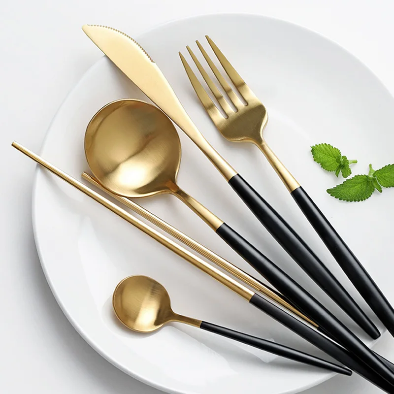 

Noble Black White Gold Pink Stainless Steel Cutlery Luxury Matte Western Steak Knife Fork Dinner Utensils Kitchen