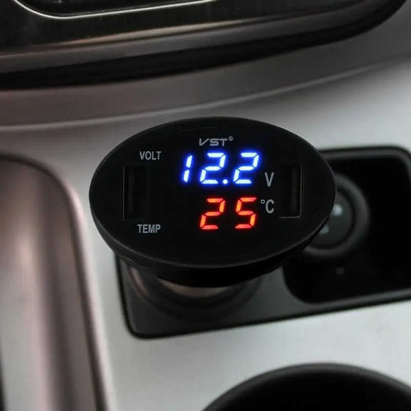 3 в 1 Автомобильный светодиодный измеритель напряжения с двумя usb-портами, светодиодный цифровой термометр, вольтметр, зарядное устройство для автомобиля, универсальное зарядное устройство для сигарет