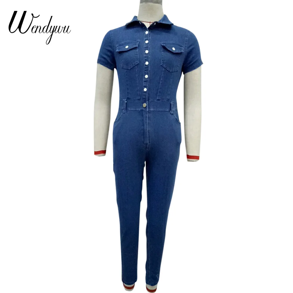 Wendywu размера плюс хорошее качество джинсовый комбинезон для женщин короткий рукав модный Боди Комбинезоны и комбинезоны джинсовые комбинезоны