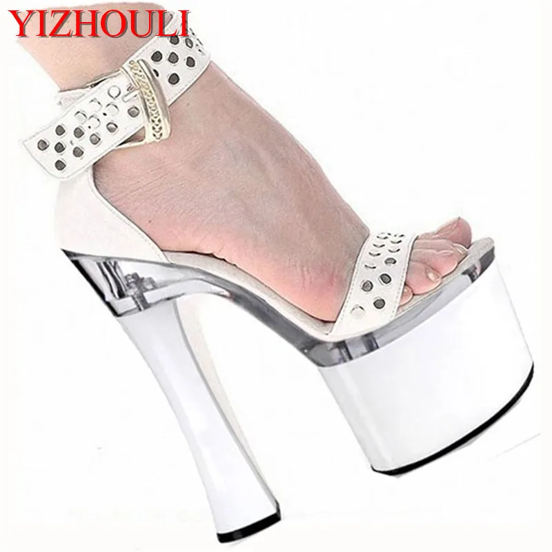 

18 cm super high heels, glass with hate day follow sandal high package, rivets and sexy nightclub Dance Shoes