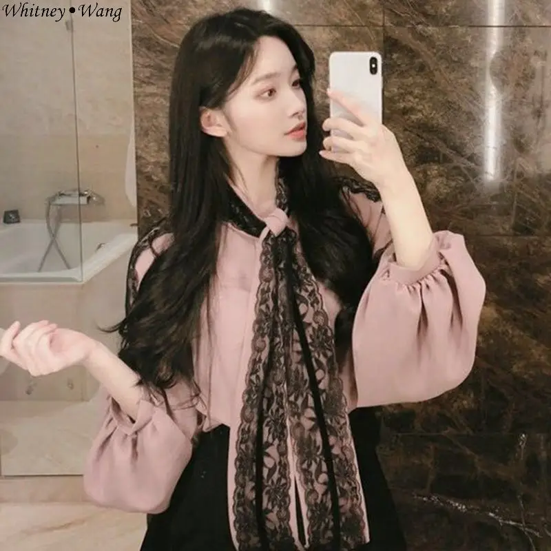 WHITNEY WANG 2019 Spring Autumn Fashion Streetwear Elegant Lace Patchwork Bow Blouse Women Blusas Shirt Tops |