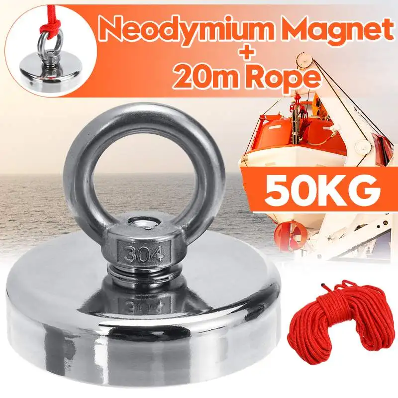 50KG Strong Magnet Pot Fishing Magnets Salvage Hook Strongest Permanent Powerful Neodymium Magnetic+20M Rope | Обустройство дома