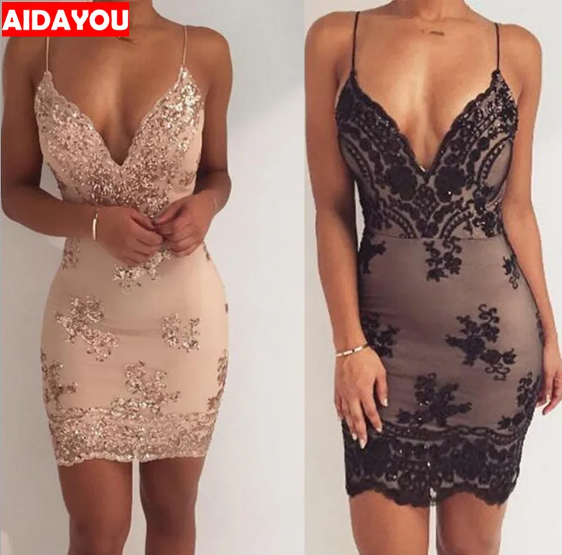 

Sexy Lace Women summer Dresses deep v neck mini backless pencil vestido black golden sequin Dress for party night club ouc915