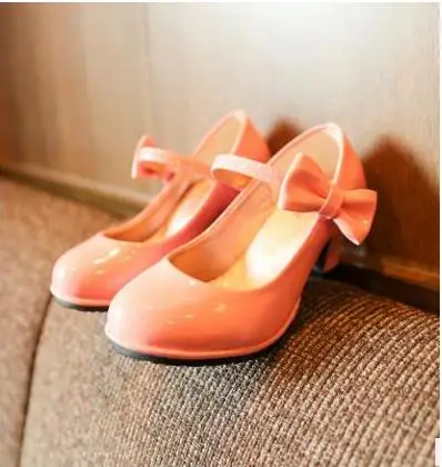 Г. Новая горячая распродажа, обувь принцессы вечерние туфли с бантом для девочек блестящие однотонные красные модные туфли на высоком каблуке для детей, размер 26-35 - Цвет: Picture color
