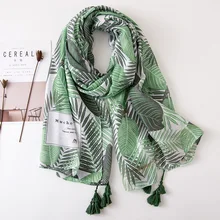 Испания люксовый бренд зеленые листья цветочные кисточкой вискоза шаль шарф банданы Женские платки пашмины мусульманин хиджаб снуд 180*100 см