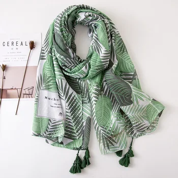 

Spain Luxury Brand Green Leaves Floral Tassel Viscose Shawl Scarf Bandanas Women Foulard Pashmina Muslim Hijab Snood 180*100Cm