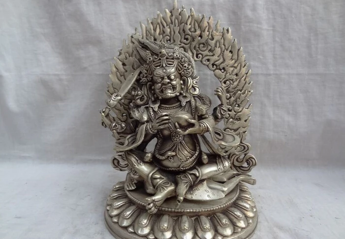 

S4534 9" Tibetan Silver Vajra 4 Arms Mahakala Buddha Tibet Jambhala Brass Statue Set D0318