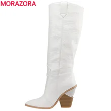 7 цветов, г. Новые Брендовые женские сапоги до колена на Высоком толстом каблуке с острым носком осенне-зимняя обувь пикантная Дамская обувь без застежки