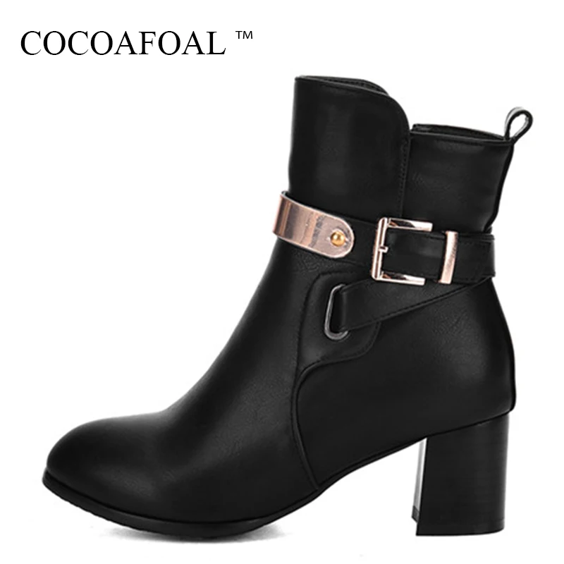 

COCOAFOAL Woman Metal Decoration Chelsea Boots Plus Size 33 43 Autumn Winter High Heeled Shoes Black Fashion Sexy Ankle Boots