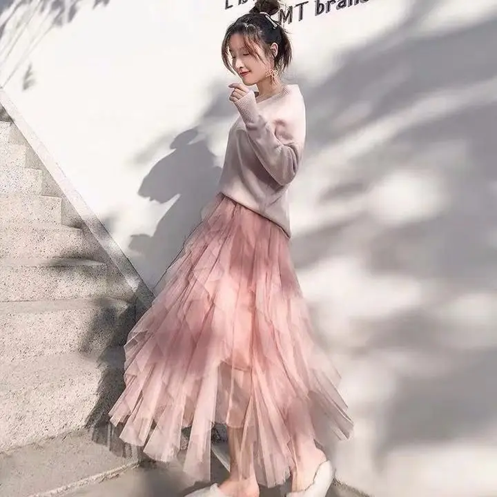 Vangull Tutu Tulle Skirt Women Long Maxi Mesh Skirt 2019 New Spring Summer Korean Black Pink High Waist Pleated Skirt Female
