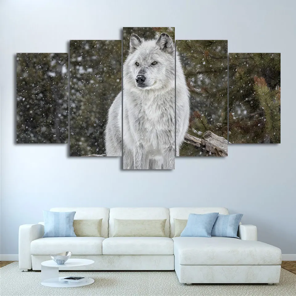 

Frame HD Printed Modern Canvas 5 Panel Snow Wolf Animal Living Room Pictures Painting Wall Art Modular Poster Home Decor