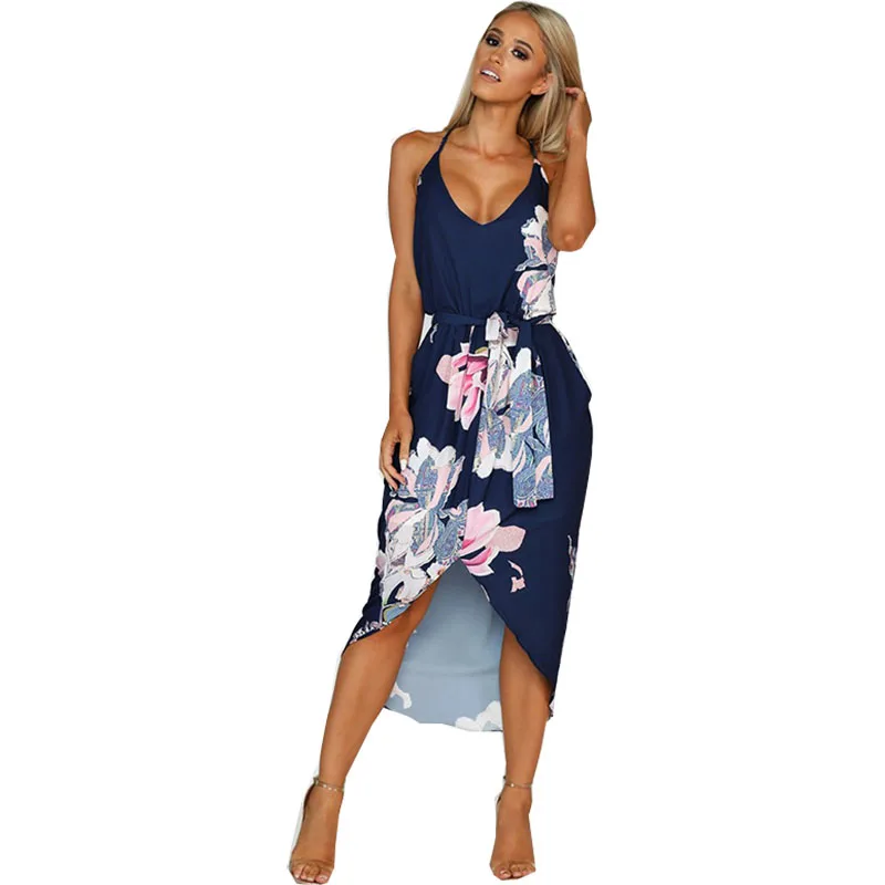 

women summer dresses 2019 new arrival Summer Sexy flower Print slim V-neck sling mid calf Dresses vestidos de festa OYM0922