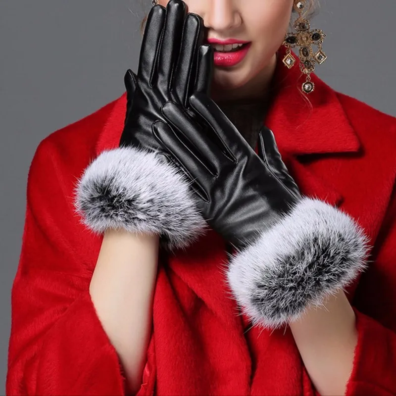 1 шт. сенсорный экран для женщин черный зимние кожаные перчатки Осень Теплый мех кролика варежки