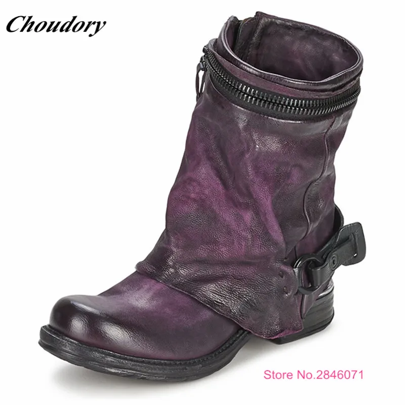 

Choudory High end Designers Shoes Vintage Style Motorcycle Boot Fashion Pleated Genuine Leather Cowboy Boot bottines femmes 2017