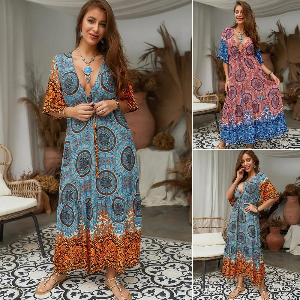 Vacation Women Dress Ladies Beach Summer Half Sleeves Maxi Fashion Ankle Length A Line Dress Print Swing Boho Dresses