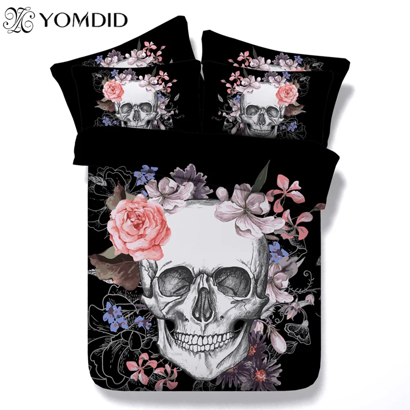 3D комплекты постельных принадлежностей с черепами пододеяльник с цветочным принтом и черепом, наволочка для королевы, королевского размера, Комплект постельного белья в европейском стиле с черепом
