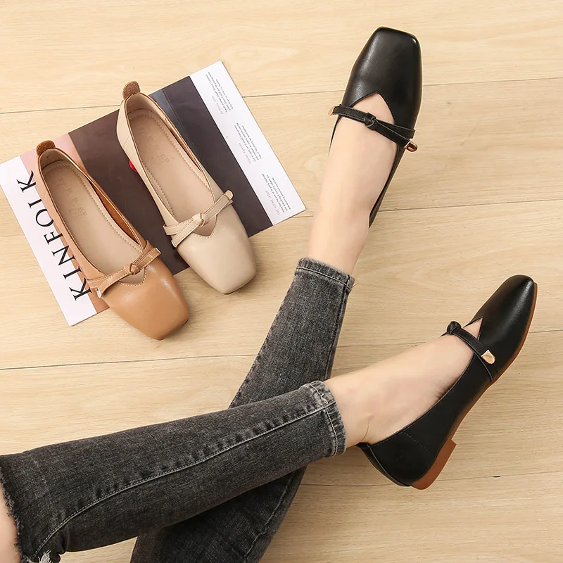 

2019 autumn new fashion simple solid color flat shoes women soft and comfortable square toe casual shoes