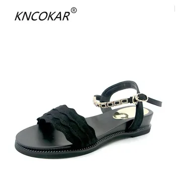 

KNCOKAR 2018 Summer new style ladies comfortable and fashionable genuine leather water-drill flat low heel soft sole button sand