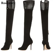 Г. Новые Модные женские черные замшевые сапоги до колена под платье высокие сапоги на высоком каблуке на шнуровке с вырезами пикантные модельные сапоги