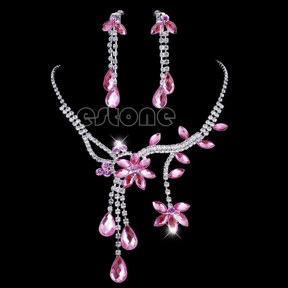 Свадебный цветок лист горный хрусталь кристалл ожерелье висячие серьги комплект ювелирных изделий - Окраска металла: hot pink
