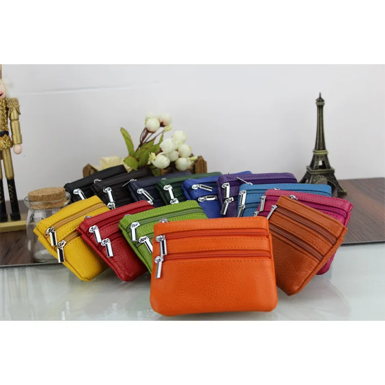 

Genuine Leather Key Bag Popular Double Zipper Key Wallet Small Coin Purse Bus Card Package Zipper pocket Custom name logo
