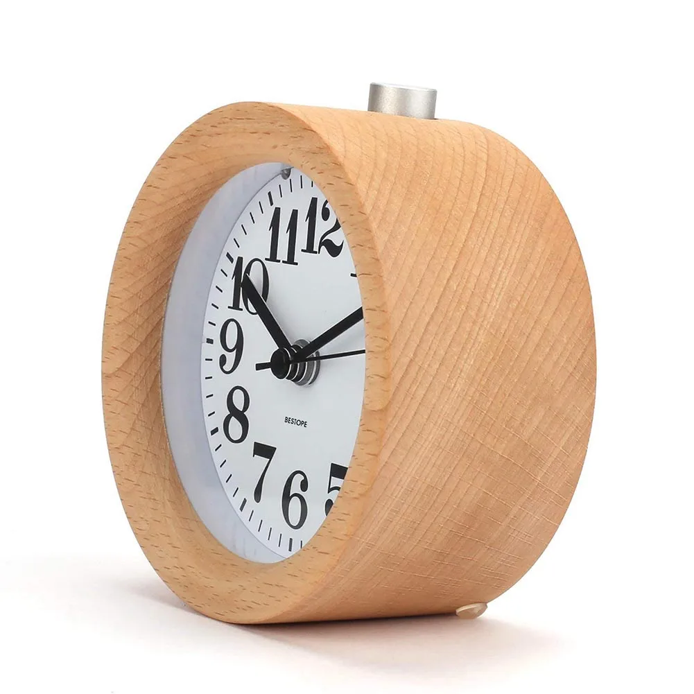Lovely Hot Small Alarm Clock with Night Light Wood Classic Round Silence Table Clocks Snooze Function LXY9 AU07