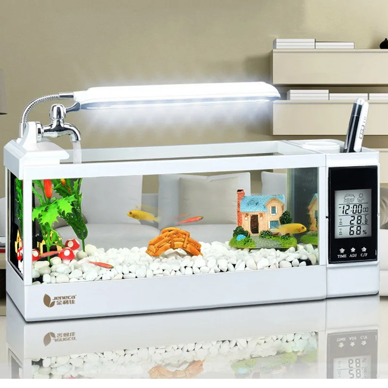 

USB Mini Aquarium Fish Tank LED Lamp Light LCD Display Screen Clock Calendar Temperature Snooze Desktop Aquarium Home Decoration
