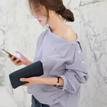 Off Shoulder Slash Neck Side Buttons Striped Blouse Long Sleeve Blue Striped Shirt Casual Blouse Shirt Fashion Women Tops Blusas blue off shoulder stripe pattern blouse with long sleeves