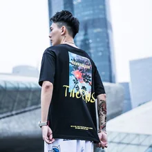 HFNF casual pattern printing men's T-shirt black fashion hip-hop style males white T-shirt Tops fit round neck T-shirt stripe pattern round neck stitching design t shirt in black