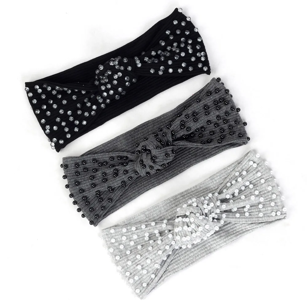 

Women Pearls Accessories Ribbed Knotted Elastic Hairband For Female Ladies Striped Turban Wraps Beads Cotton Head Wrap Bohemia
