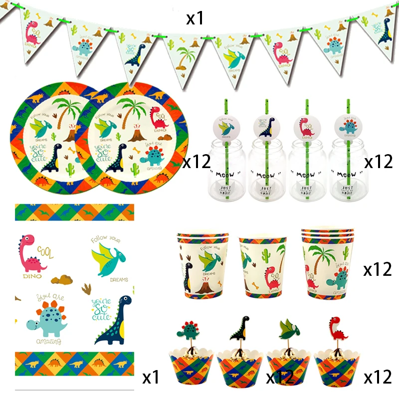 

Party supplies 62pcs for 12kids 2019 New Dinosaur theme birthday party decoration tableware set, plate+cup+straw+flag+tablecover