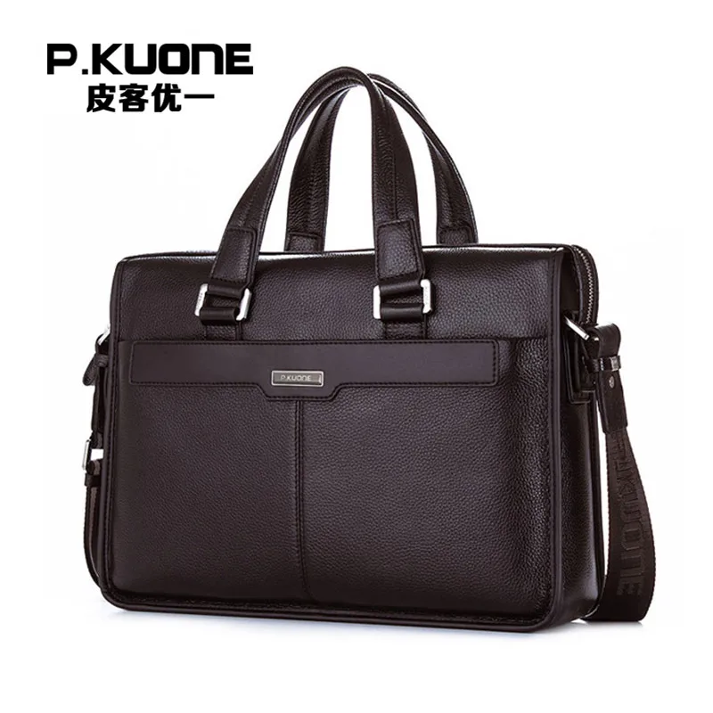 

P.KUONE Genuine Leather Man Fashion Briefcase High Quality Business Shoulder Bag Casual Travel Handbag Luxury Brand Laptop Bag