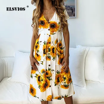 

ELSVIOS Button Sunflower Women Dress Summer New Fashion Floral Print V-neck Midi Beach Dress Female Short Sleeve A-Line Sundress
