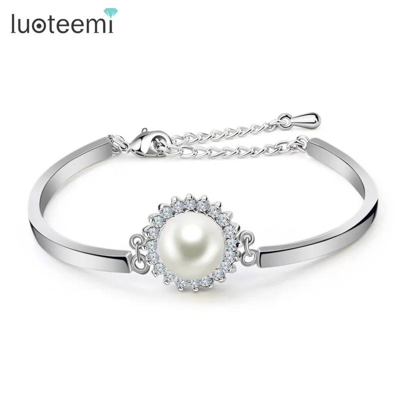 

LUOTEEMI New Arrival Fashion Woman Accessories White Gold-Color Quality Cubic Zircon Designer Created Pearl Bangles Bracelet