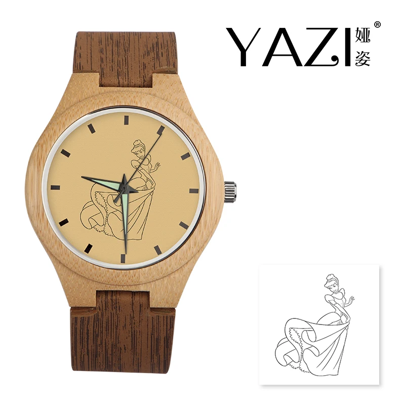 

YAZI DIY Wooden Watch Pretty Princess Quartz Watches Natural Wooden Stripe Band Bamboo Wood Case Wrist Watches Memory Gift