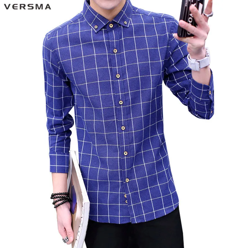 VERSMA 2017 White Cotton Shirts for Men Slim Fit Formal Shirt Long Sleeve Mens Dress Shirts Plus Size Red Plaid Gentleman Shirt