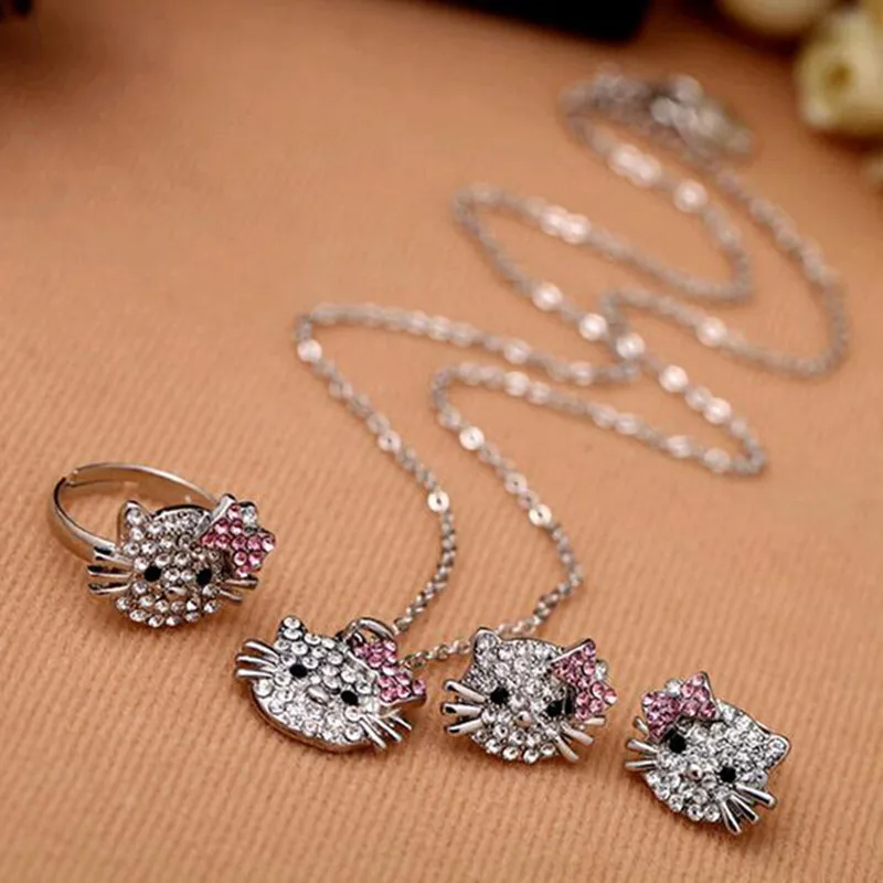 

Fashion Crystal Cat Stud Earrings Rhinestone Kitty cat Earrings Bowknot KT Jewelry For Girl Lady Rings Earring and neck lace Set