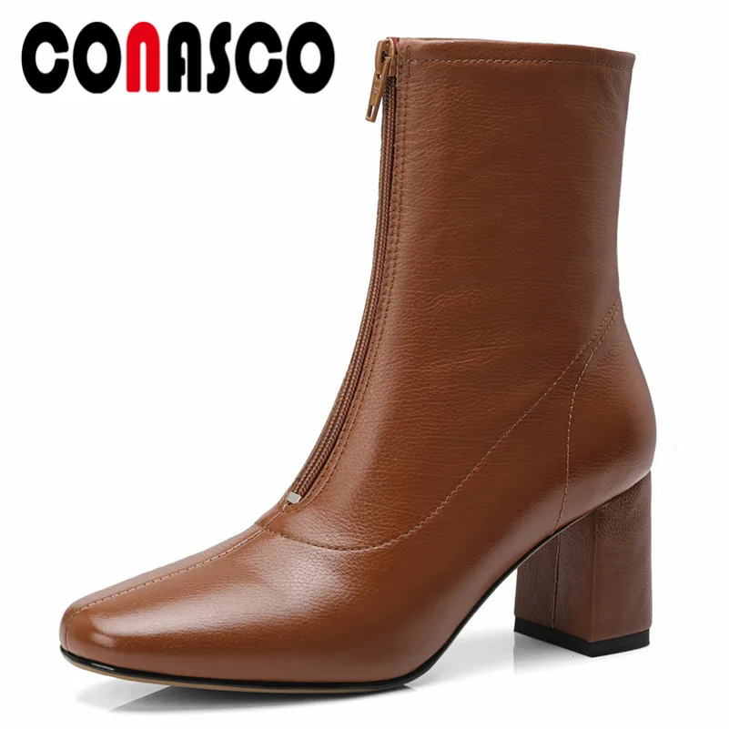 

CONASCO Brand Women Ankle Basic Boots High Heels New Short Martin Shoes Woman Genuine Leather High Quality Motorcycle Boots