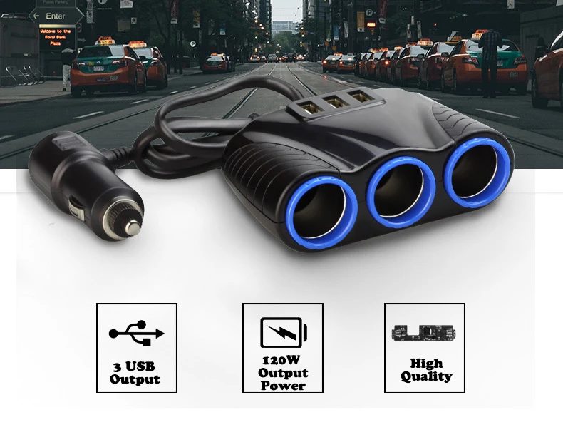 

3 Socket Cigarette Lighter Splitter 3 USB Car Charger Adapter Plug 12V/24V Power Outlet for iPhone Android Mobile GPS Dash cam