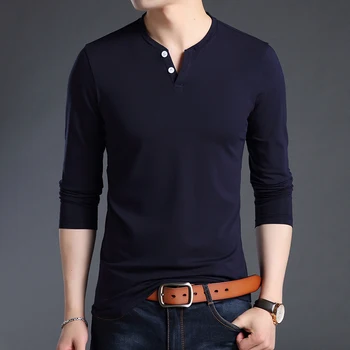 

2020 New Fashion Brand T Shirts For Men V Neck Street WearTops Trending Solid Color Slim Fit Long Sleeve T-Shirt Men Clothes