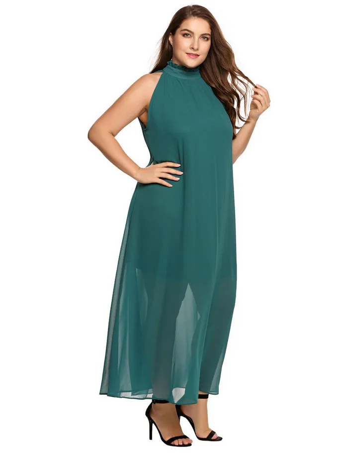 IN'VOLAND размера плюс XL-6XL женское длинное шифоновое платье больше размера d Холтер без рукавов рюшами Твердые Поясом Вечерние платья макси большого размера