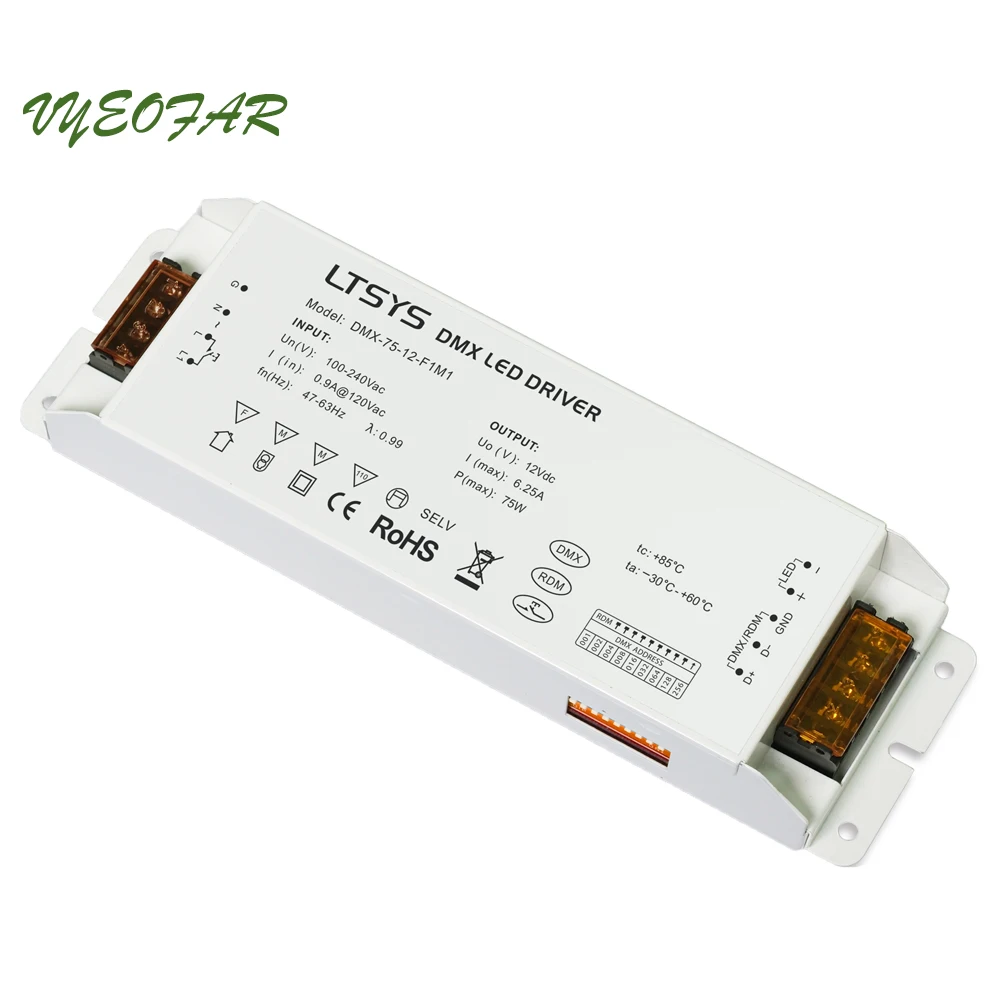 

LTECH DMX-75-12-F1M1;75W DMX512/RDM LED driver;AC100-240V input;max 12V/6.25A/75W output DMX Led Driver Push Dim