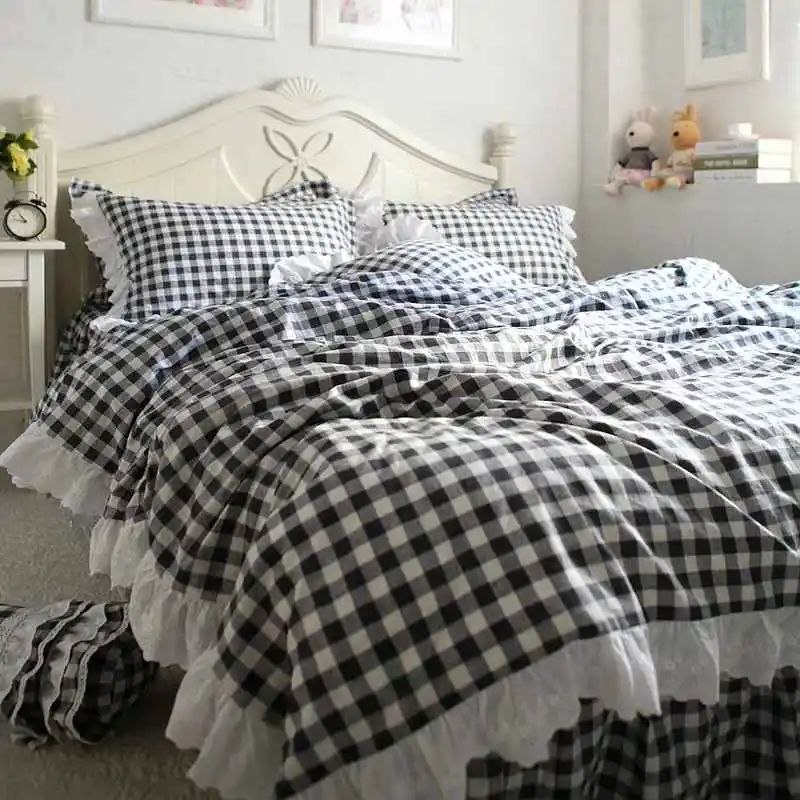 Black White Plaid Bedclothes Bed Skirts 100 Cotton Duvet Cover Set