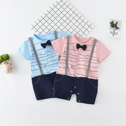 Одежды для маленьких мальчиков джентльмен комбинезон в полоску с бантом ремни летние шорты рукавом новорожденных комбинезоны одежда для