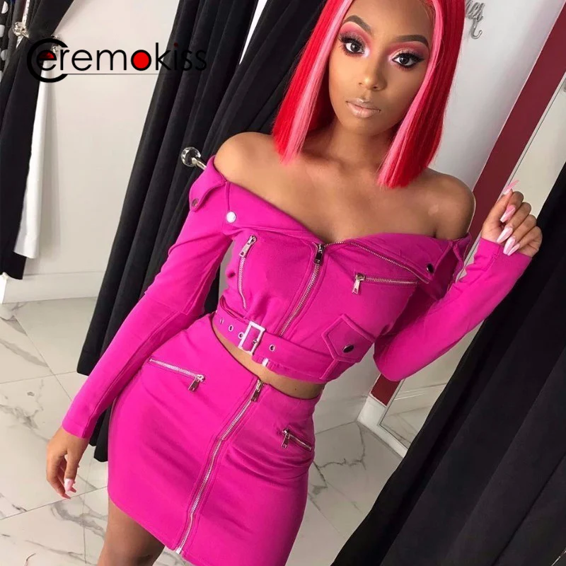 

Ceremokiss 2019 Sexy Off Shoulder Two Piece Set Solid Zipper Bodycon 2 Piece Set Women Long Sleeve Belt Top And Skirt Summer Set