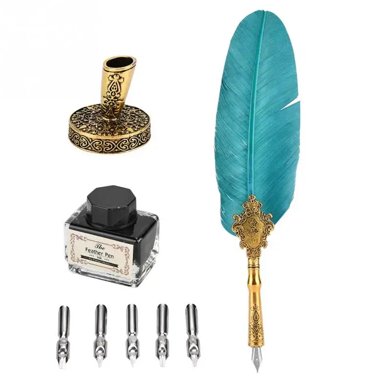 

Retro Classical Fountain Pen Old European Style Feather with 5 Dip pen nips Writing Pen Ink Bottle Set Gift Box