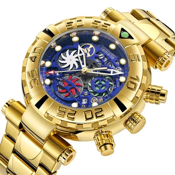 

Fashion Men's Business Watch Golden Chronograph Watches Men Waterproof Stainless Steel Band Quartz Wristwatch Clock Men